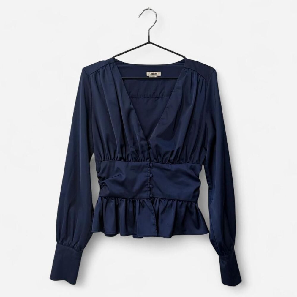 Jason-wu Women's Navy Blue Blouse Quiet luxury satin ruffle Romantic Feminine